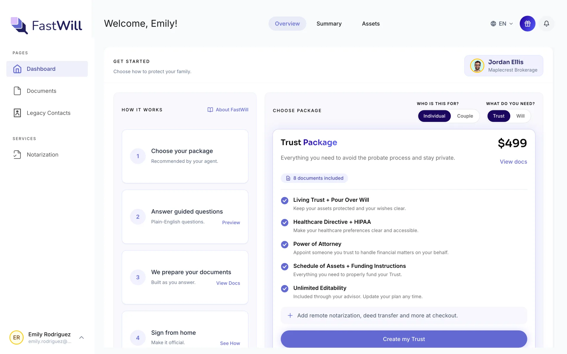 The FastWill client dashboard an invited client sees